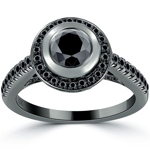 1.32ctw Natural Black Diamond Engagement Ring 18k Black Gold Vintage Style