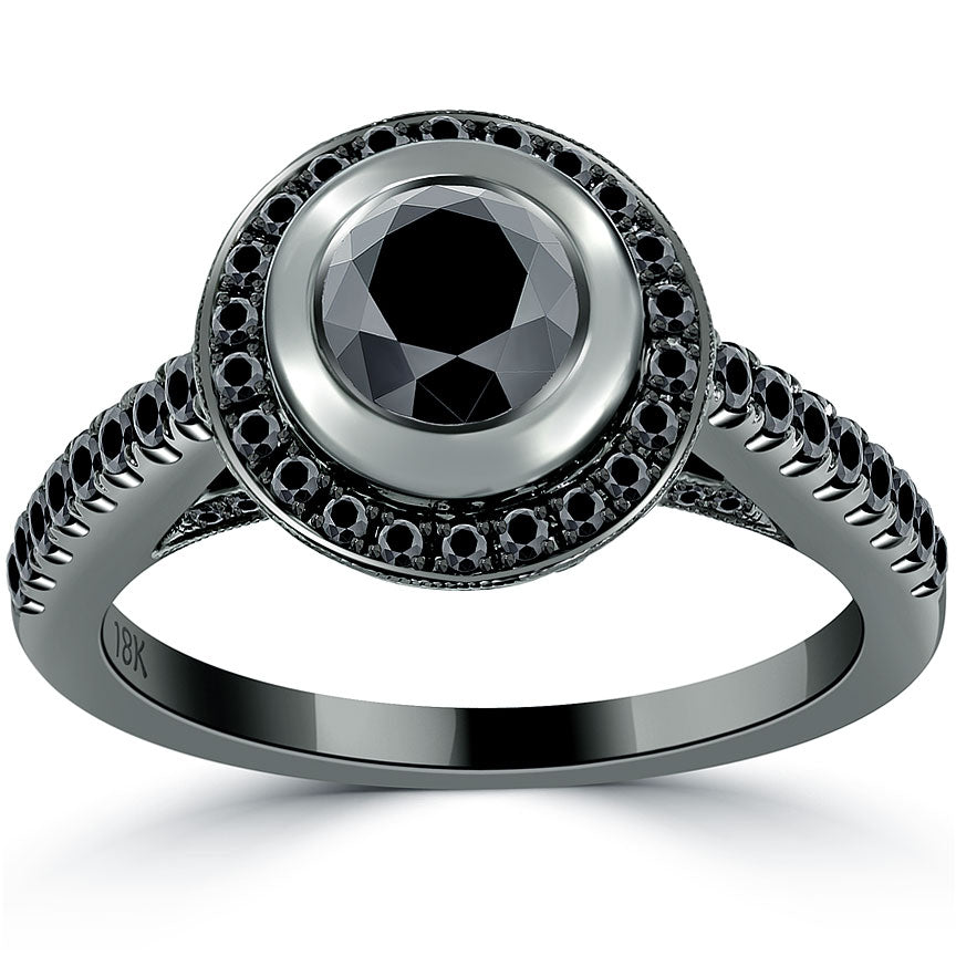 1.32 Carat Natural Black Diamond Engagement Ring 18k Black Gold Vintage Style