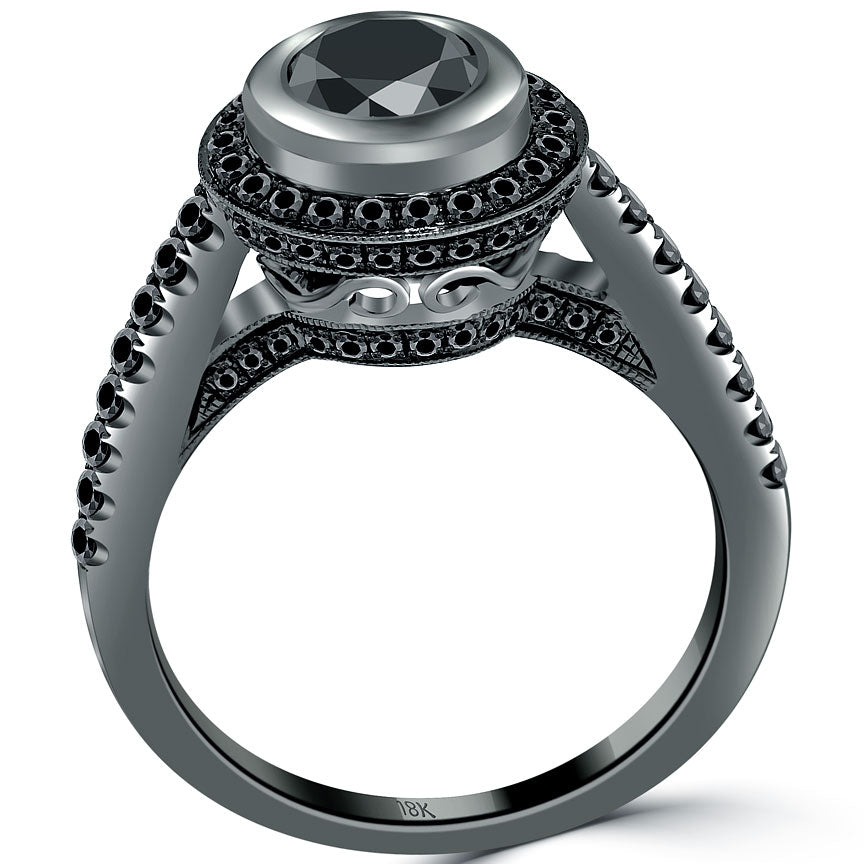 1.32 Carat Natural Black Diamond Engagement Ring 18k Black Gold Vintage Style