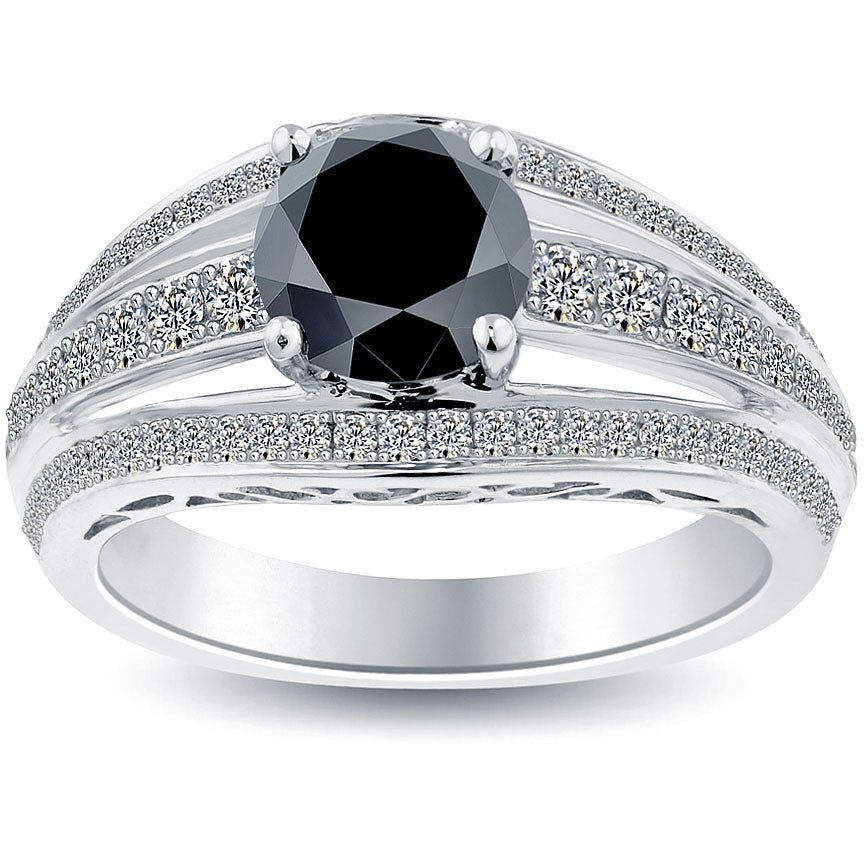 2.36 Carat Certified Natural Black Diamond Engagement Ring 14k White Gold
