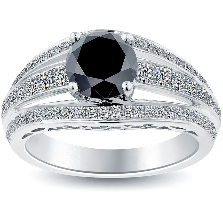 2.36ctw Certified Natural Black Diamond Engagement Ring 14k White Gold