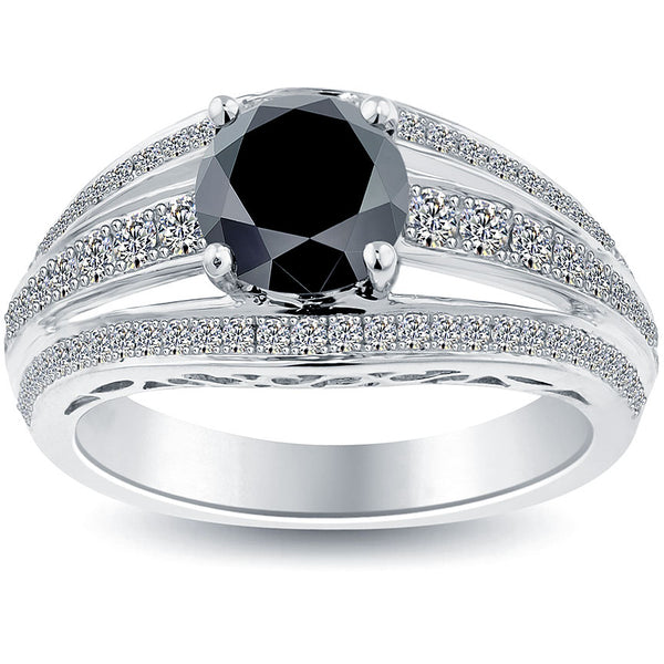 2.36ctw Certified Natural Black Diamond Engagement Ring 14k White Gold