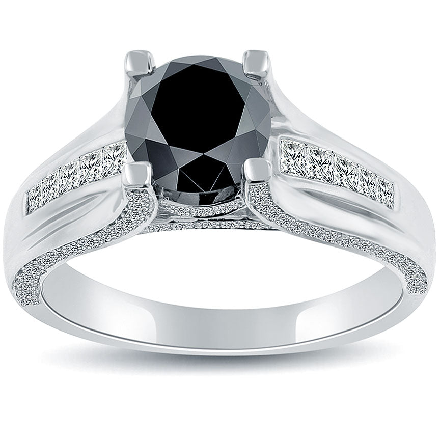 2.34 Carat Certified Natural Black Diamond Engagement Ring 14k White Gold