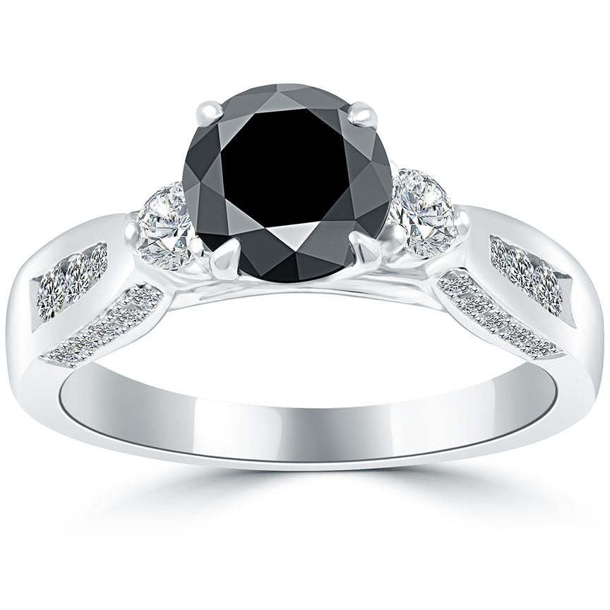 1.86ctw Certified Natural Black Diamond Engagement Ring 14k White Gold