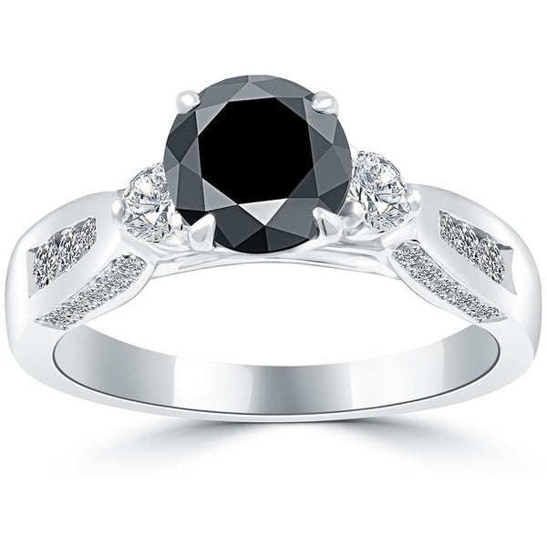 1.86ctw Certified Natural Black Diamond Engagement Ring 14k White Gold