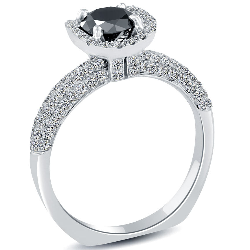 1.93 Carat Certified Black Diamond Engagement Ring Pave Halo 14k White Gold