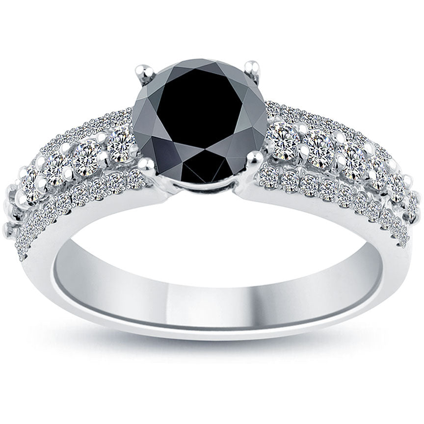 2.02 Carat Certified Natural Black Diamond Engagement Ring 14k White Gold