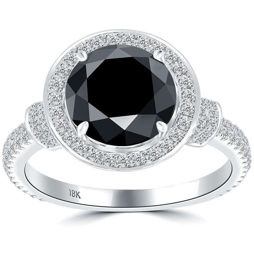 2.95ctw Black Diamond Engagement Ring 18k White Gold Vintage Style