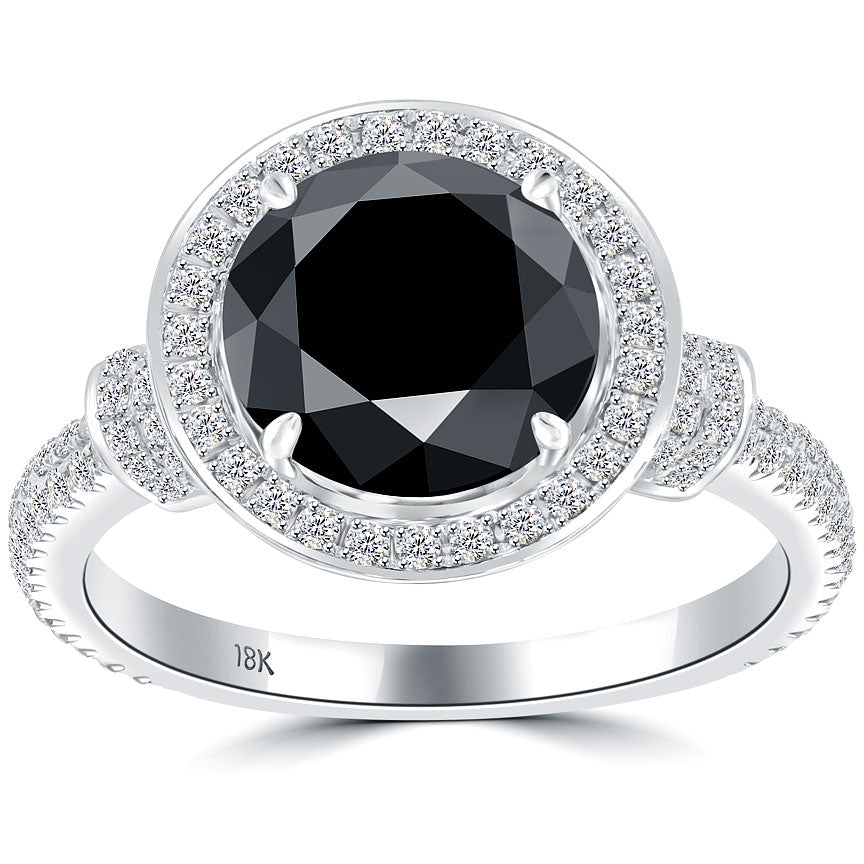 2.95 Carat Natural Black Diamond Engagement Ring 18k White Gold Vintage Style