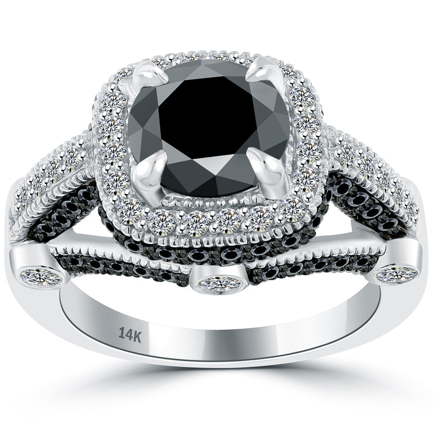 3.70 Carat Vintage Style Natural Black Diamond Engagement Ring 14k White Gold