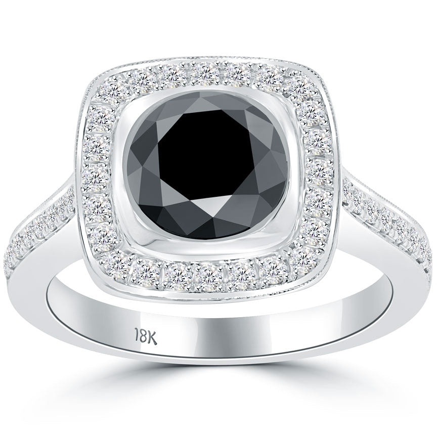 2.68 Carat Certified Black Diamond Engagement Ring Pave Halo 18k White Gold