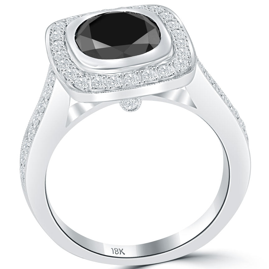 2.68 Carat Certified Black Diamond Engagement Ring Pave Halo 18k White Gold