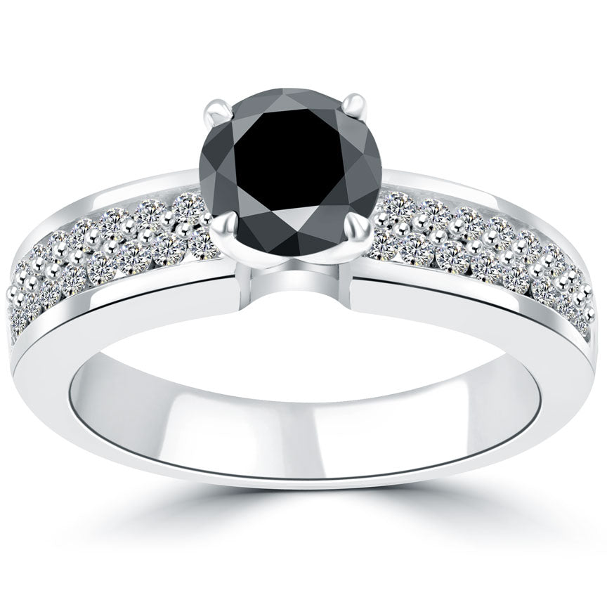 1.40 Carat Certified Natural Black Diamond Engagement Ring 14k White Gold