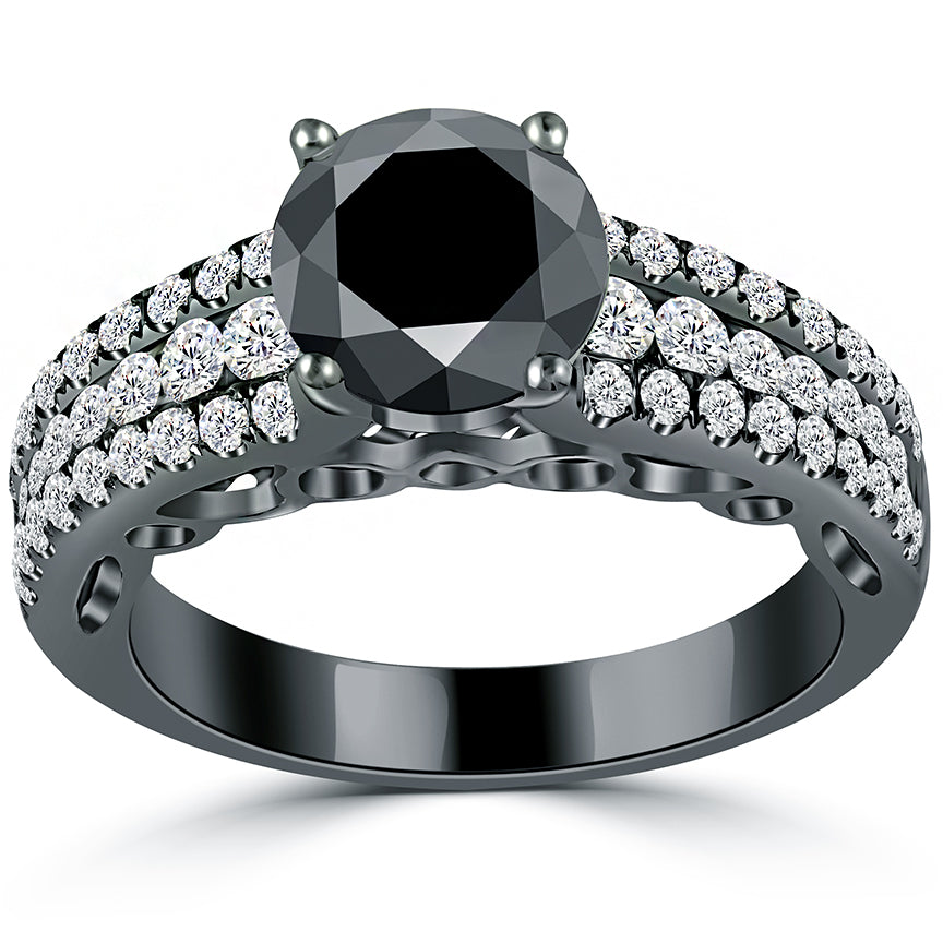 2.53ctw Certified Natural Black Diamond Engagement Ring 14k black Gold