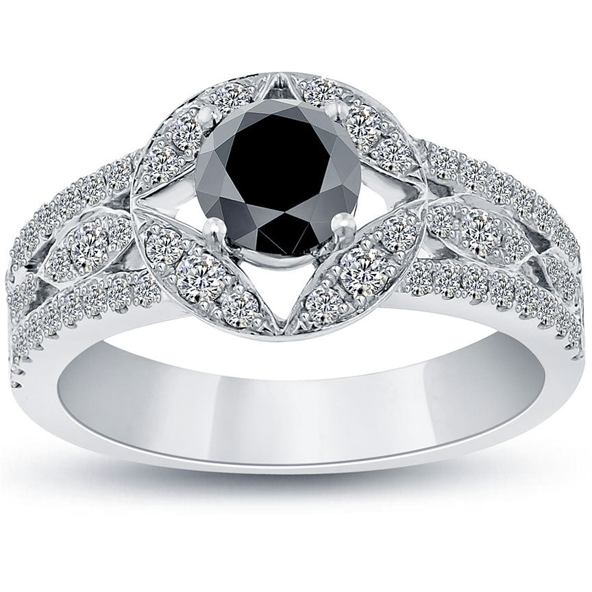1.59ctw Certified Natural Black Diamond Engagement Ring 14k White Gold