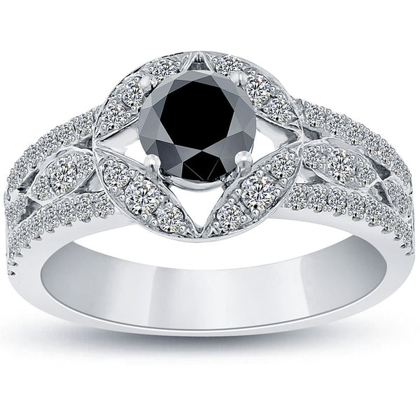 1.59ctw Certified Natural Black Diamond Engagement Ring 14k White Gold
