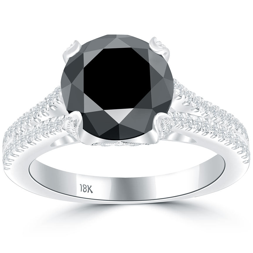 3.58 Carat Certified Natural Black Diamond Engagement Ring 18k White Gold