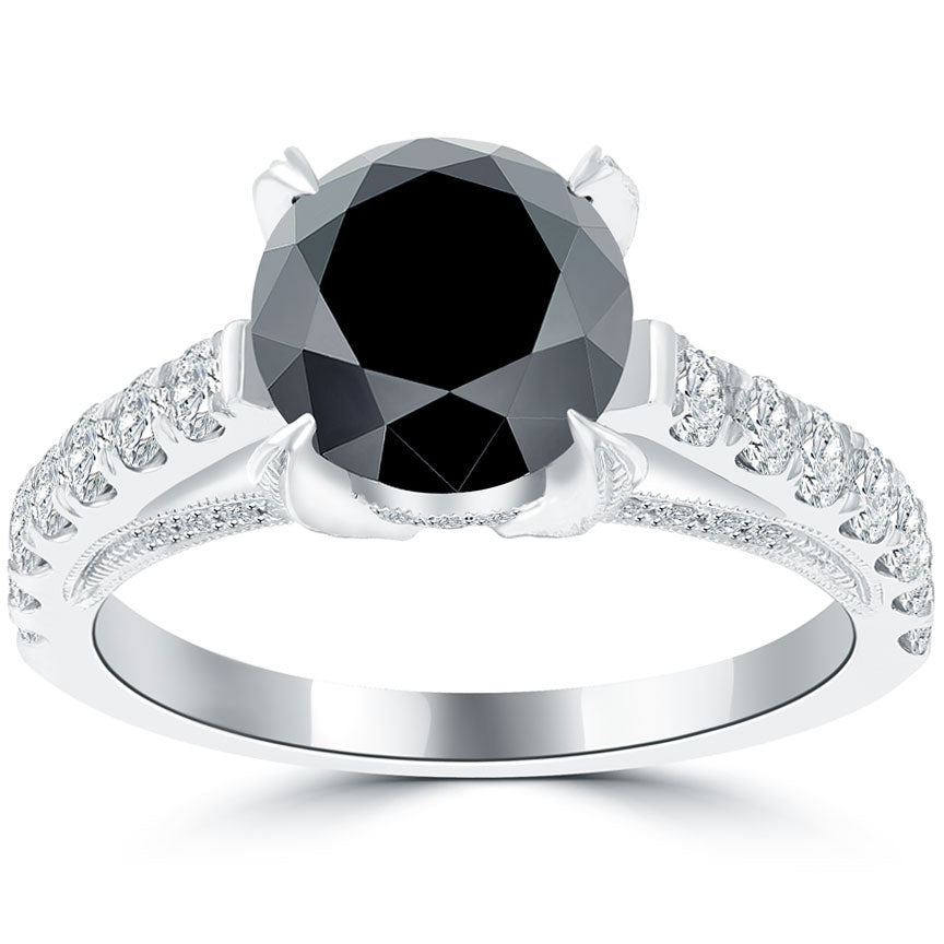 3.13ctw Certified Natural Black Diamond Engagement Ring 14k White Gold