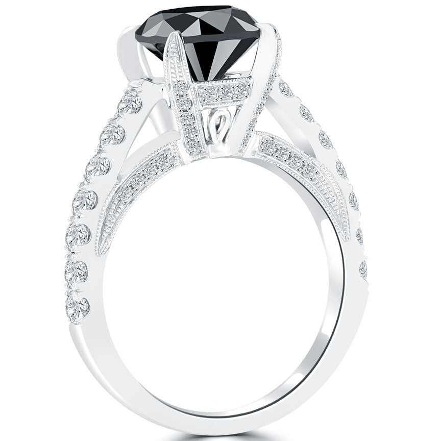 3.13 Carat Certified Natural Black Diamond Engagement Ring 14k White Gold