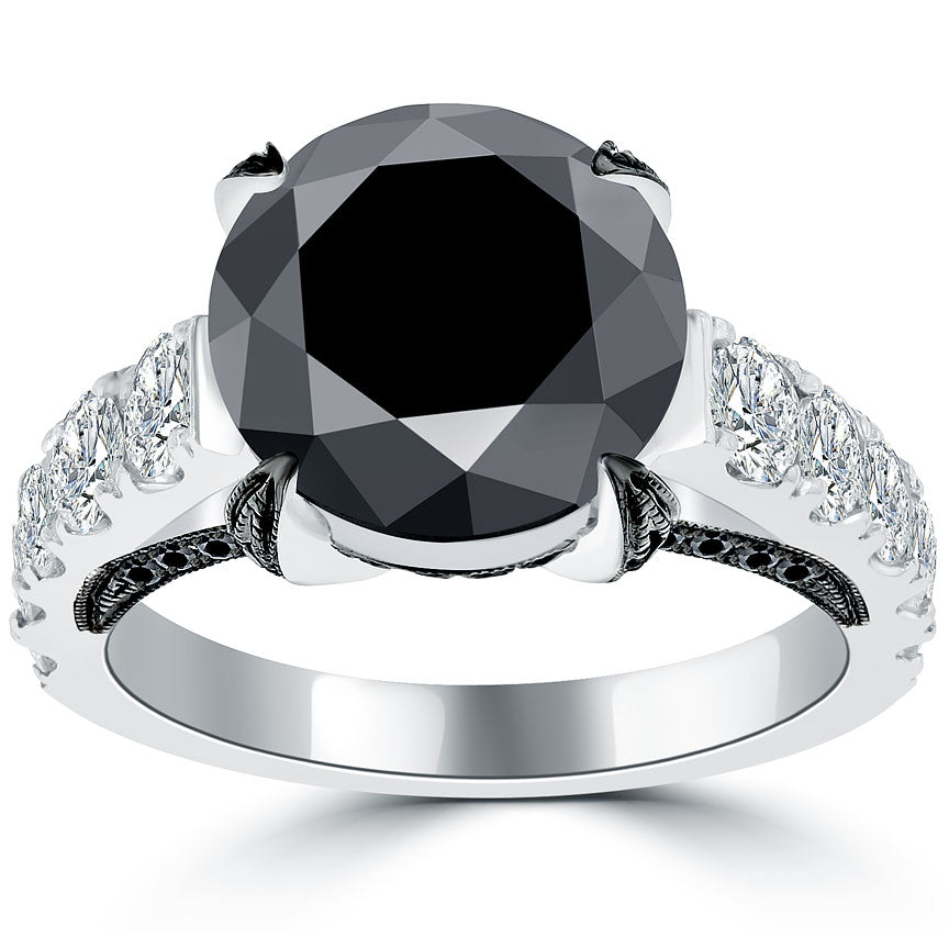 6.05ctw Certified Natural Black Diamond Engagement Ring set in 14k White Gold