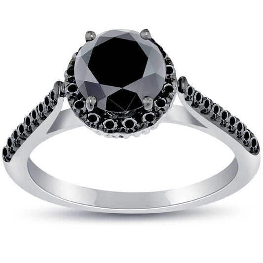 2.01 Carat Certified Natural Black Diamond Engagement Ring 14k White Gold