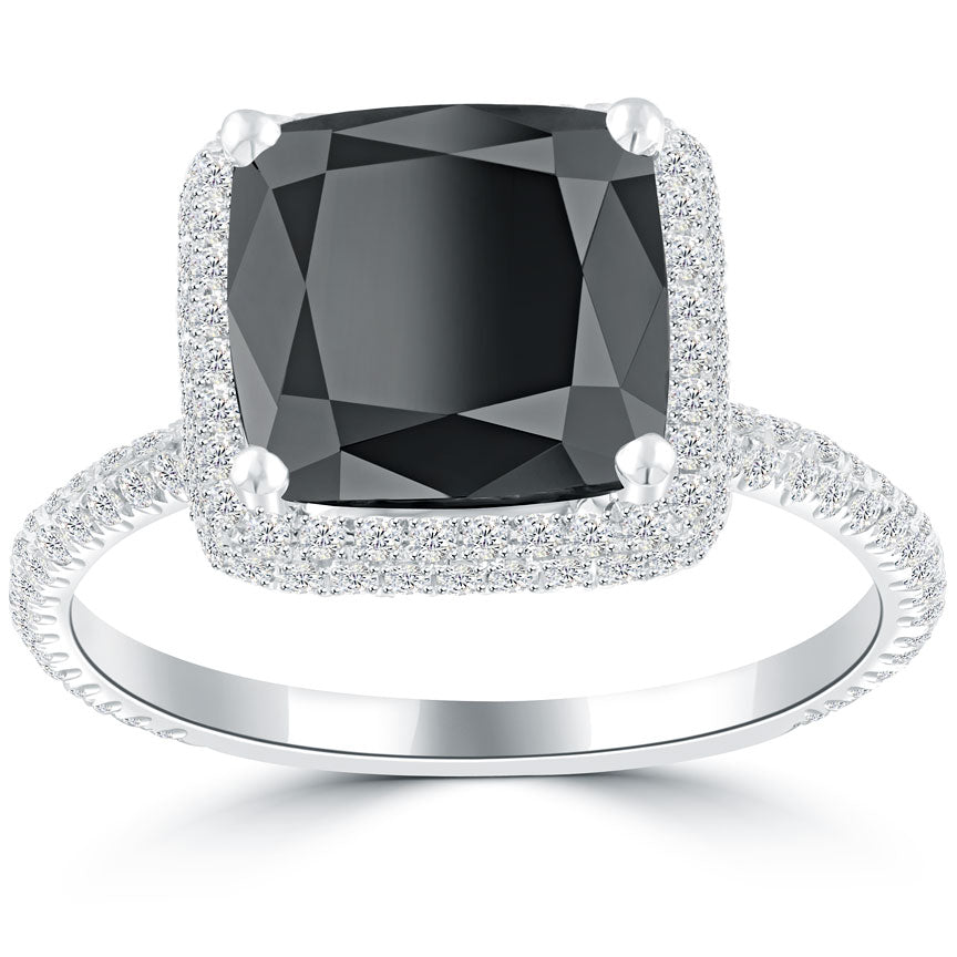 3.97 Carat Cushion Cut Black Diamond Engagement Ring 18k White Gold Pave Halo