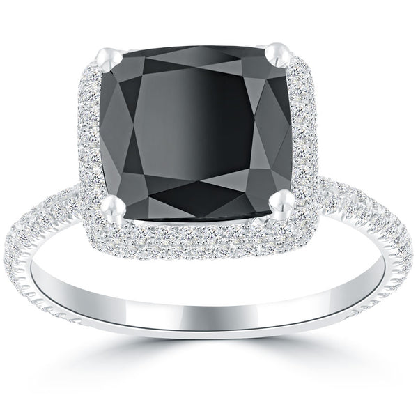 3.97ctw Cushion Cut Black Diamond Engagement Ring Pave Halo 18k White Gold