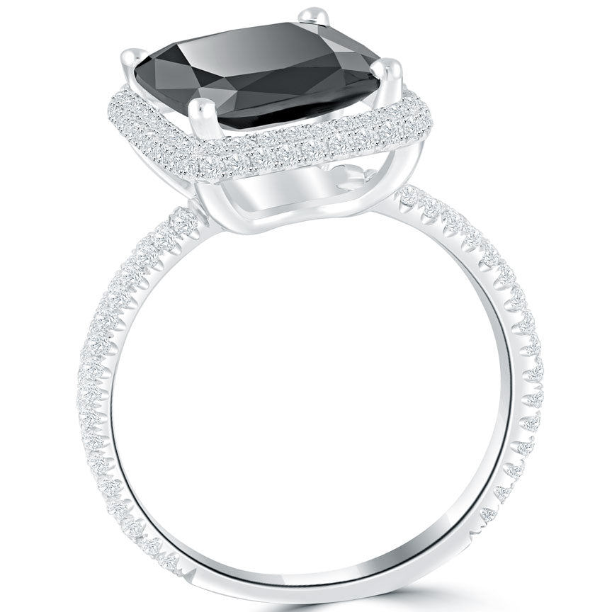 3.97 Carat Cushion Cut Black Diamond Engagement Ring 18k White Gold Pave Halo