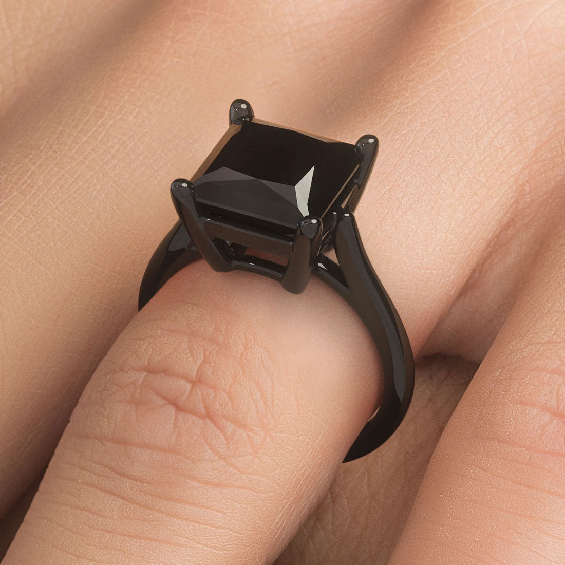 4.23 Carat Natural Black Diamond Princess Cut Engagement Ring 14k Black Gold