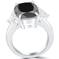 6.88 Carat Cushion Cut Three Stone Black Diamond Engagement Ring 14k White Gold