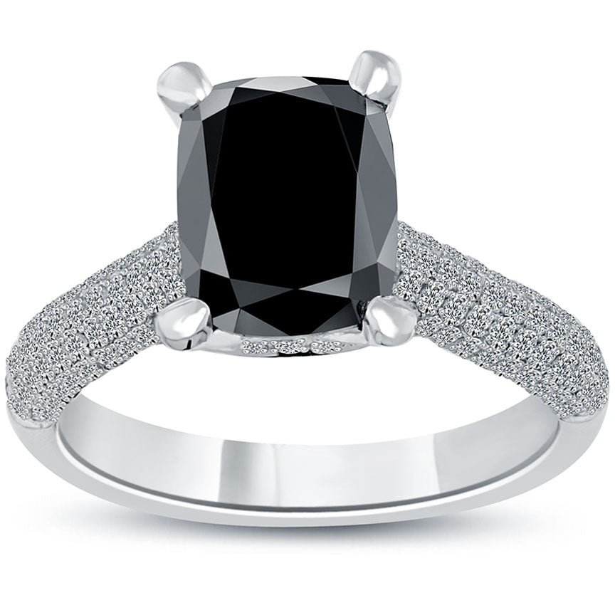 3.95 Carat Certified Natural Cushion Cut Black Diamond Ring 14k White Gold