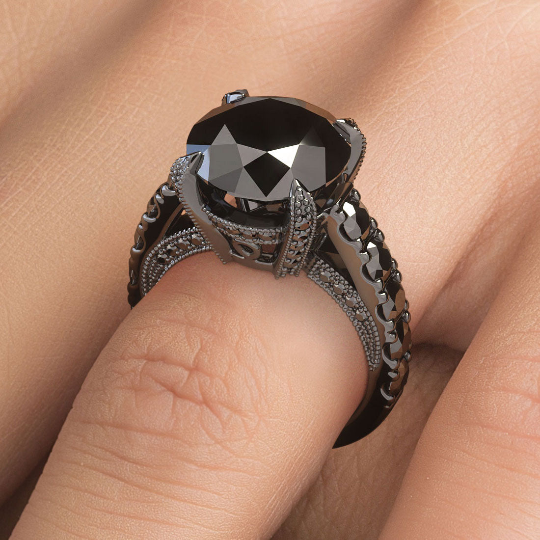 7.52 Carat Natural Black Diamond Engagement Ring Vintage Style 14k Black Gold