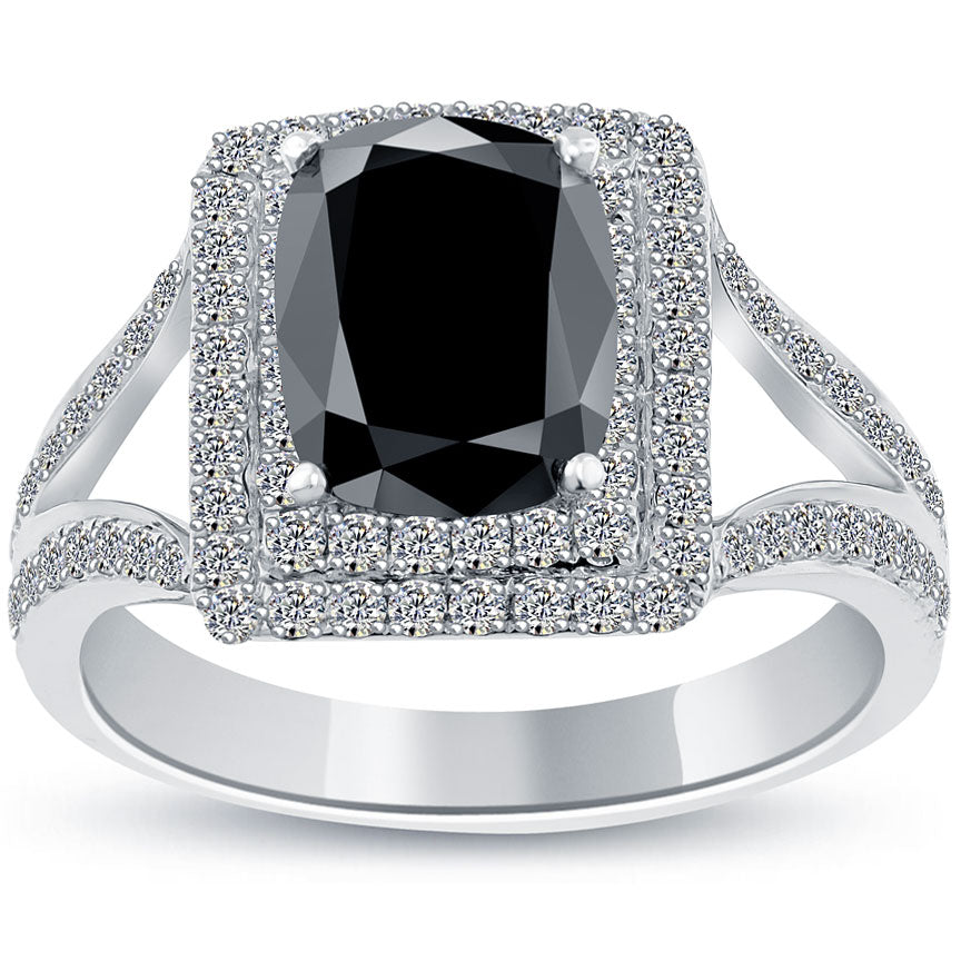 3.06 Carat Certified Cushion Cut Black Diamond Ring 14k Pave Halo Vintage Style