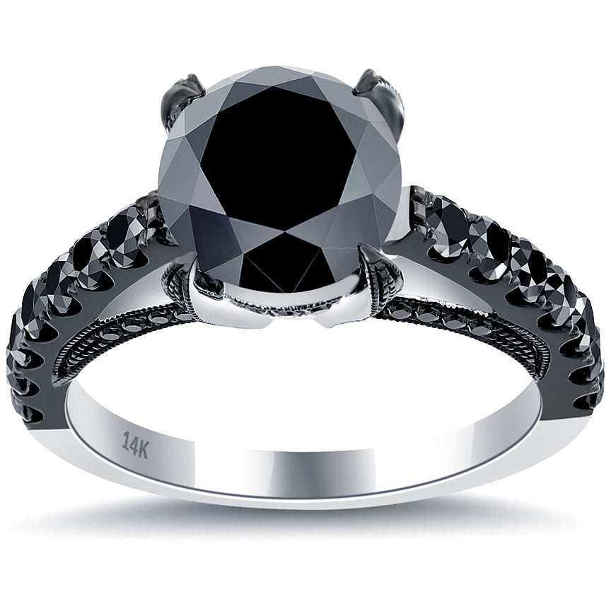 3.40ctw Certified Natural Black Diamond Engagement Ring 14k Black Gold