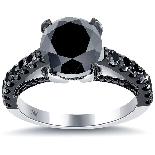 3.40ctw Certified Natural Black Diamond Engagement Ring 14k Black Gold