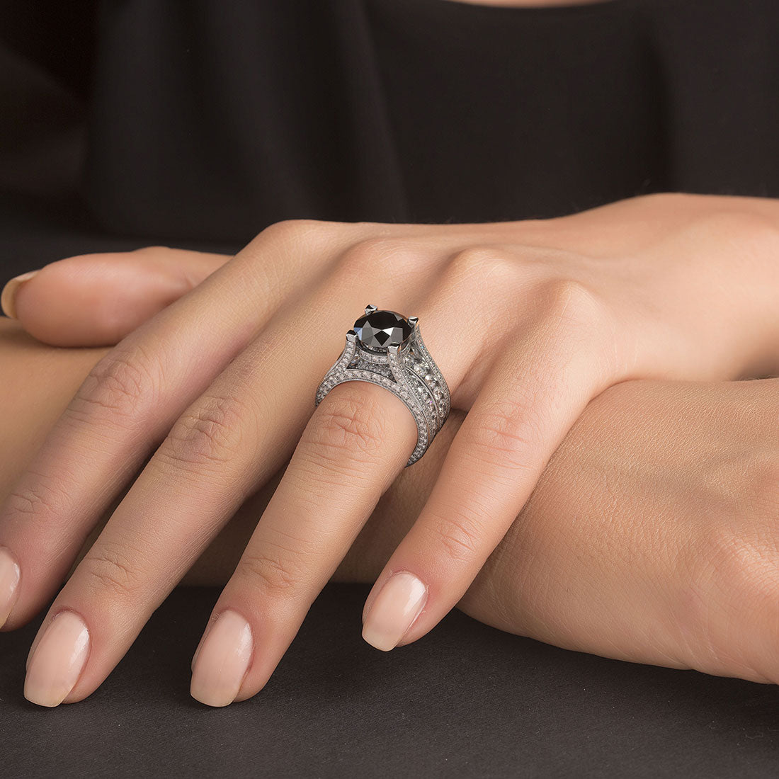12.57 Carat Certified Natural Black Diamond Engagement Ring 14k White Gold