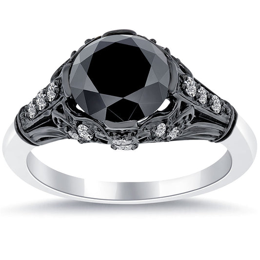 2.66 Carat Vintage Style Natural Black Diamond Engagement Ring 14k Black Gold