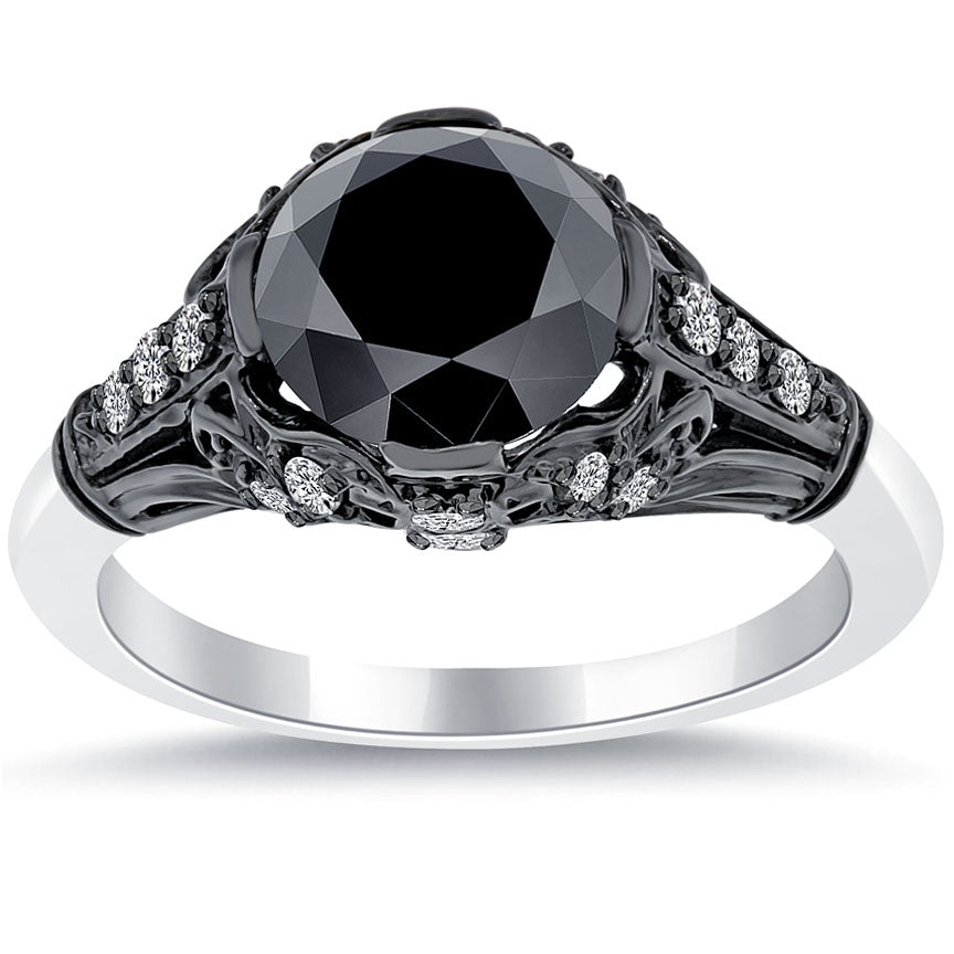 2.66ctw Vintage Style Natural Black Diamond Engagement Ring 14k Black Gold
