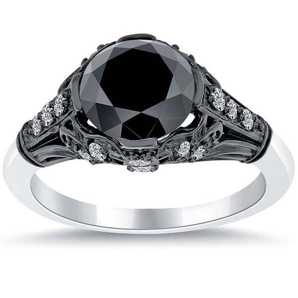 2.66ctw Vintage Style Natural Black Diamond Engagement Ring 14k Black Gold