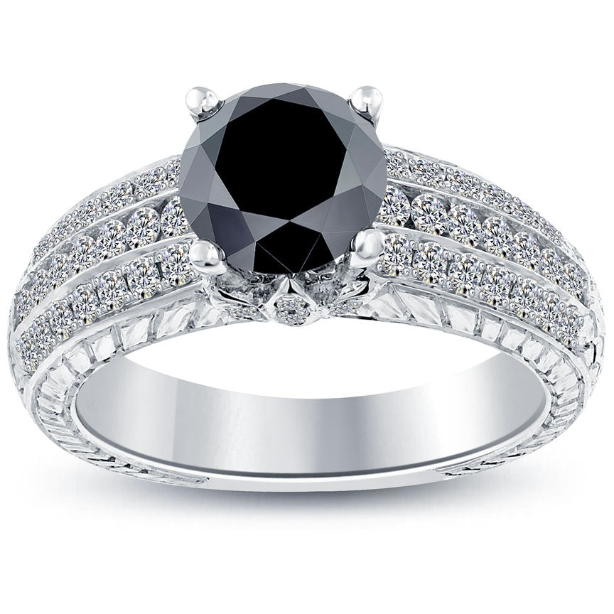 2.21 Carat Certified Natural Black Diamond Engagement Ring 14k White Gold