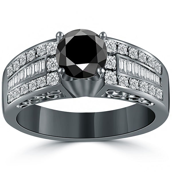 1.65ctw Certified Natural Black Diamond Engagement Ring 14k Black Gold