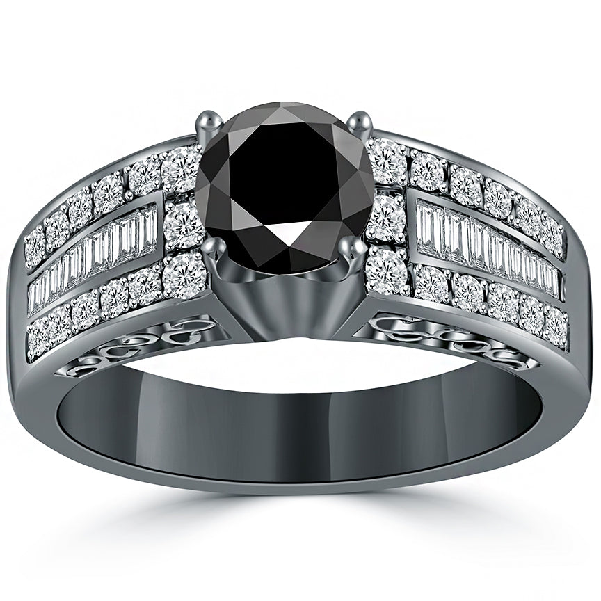 1.65 Carat Certified Natural Black Diamond Engagement Ring 14k Black Gold