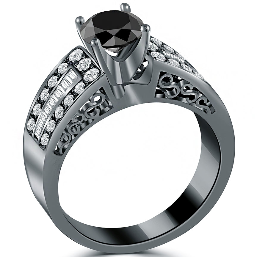 1.65 Carat Certified Natural Black Diamond Engagement Ring 14k Black Gold