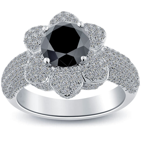 3.15ctw Natural Black Diamond Engagement Ring 14k White Gold Flower Shape Halo