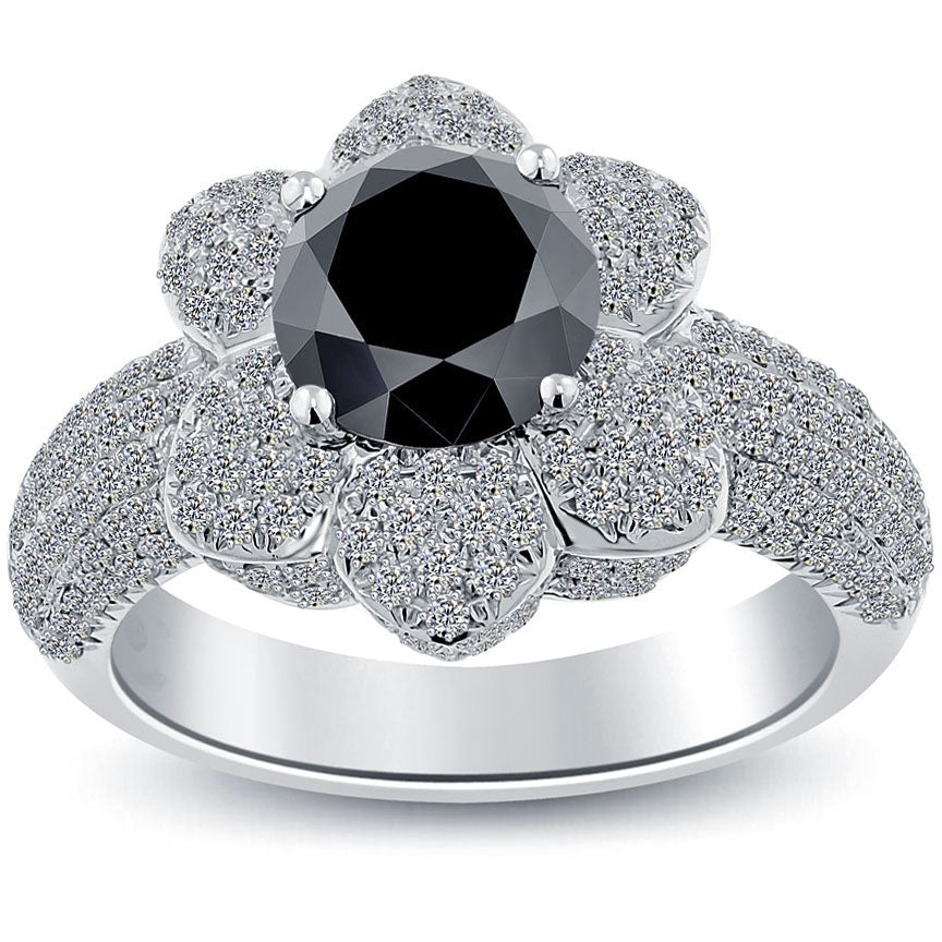 3.15 Ct. Natural Black Diamond Engagement Ring 14k White Gold Flower Shape Halo