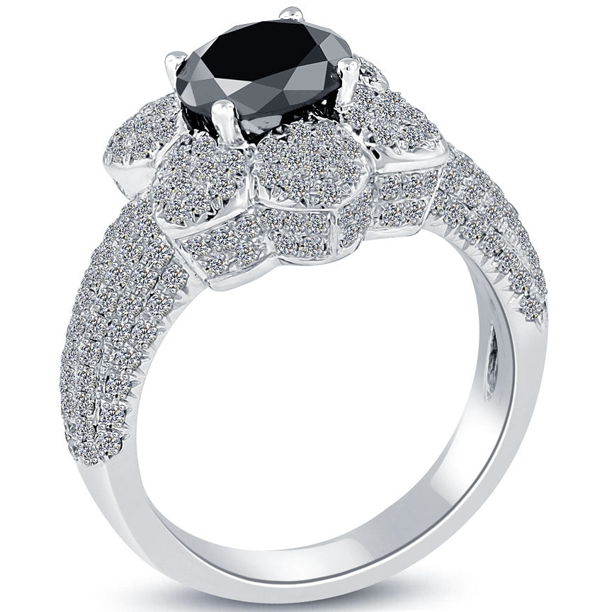 3.15 Ct. Natural Black Diamond Engagement Ring 14k White Gold Flower Shape Halo