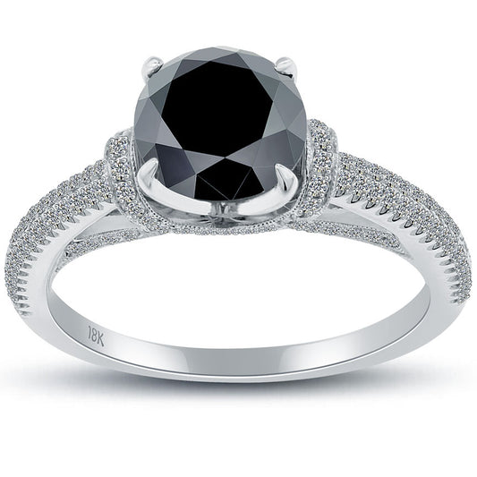 2.06 Carat Certified Natural Black Diamond Engagement Ring 18k White Gold