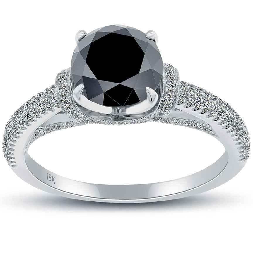 2.06ctw Certified Natural Black Diamond Engagement Ring 18k White Gold