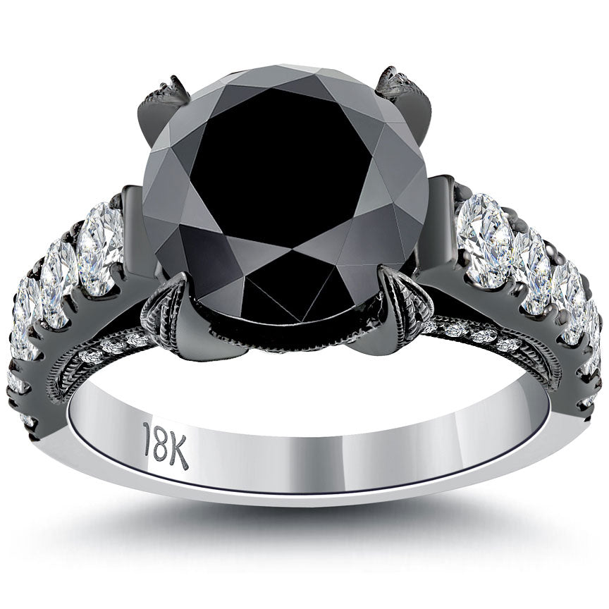5.53 Carat Vintage Style Natural Black Diamond Engagement Ring 18k Black Gold