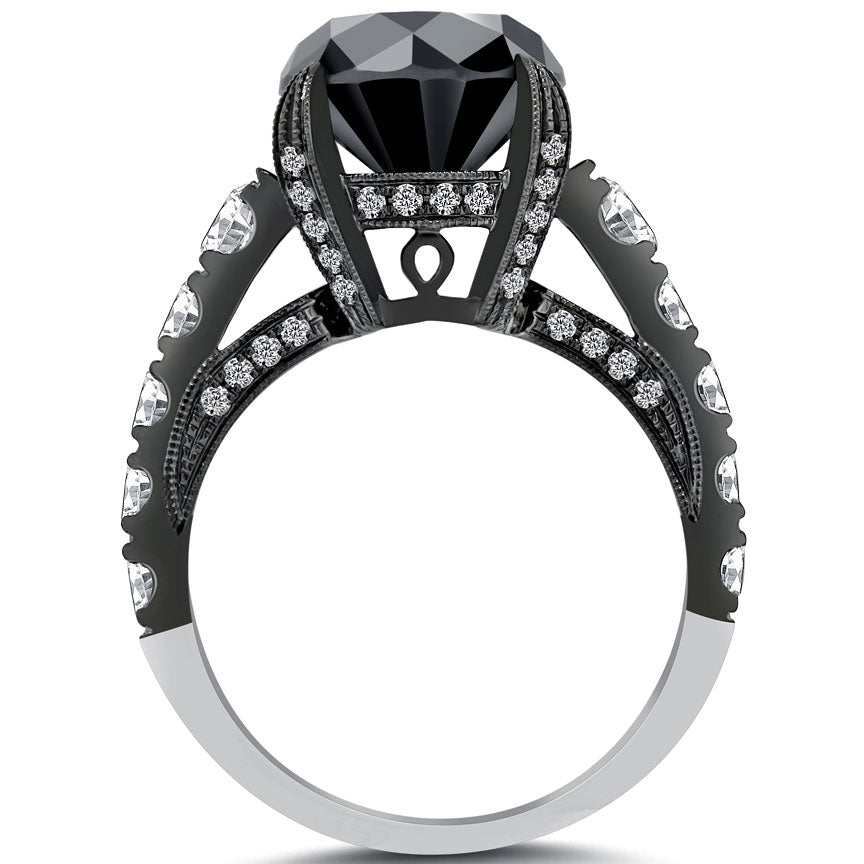 5.53 Carat Vintage Style Natural Black Diamond Engagement Ring 18k Black Gold